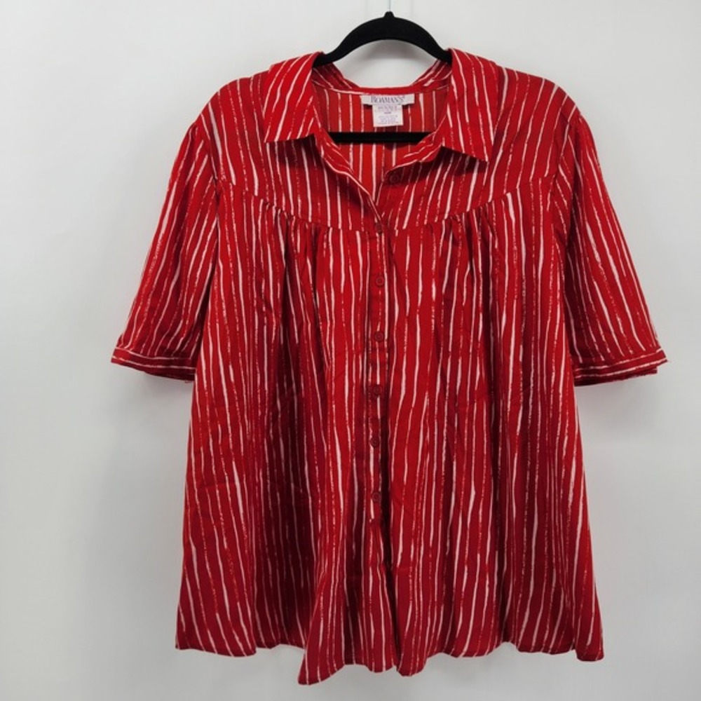 Roaman's 18W Red White Striped Button Up‎ Shirt Plus Size Casual
